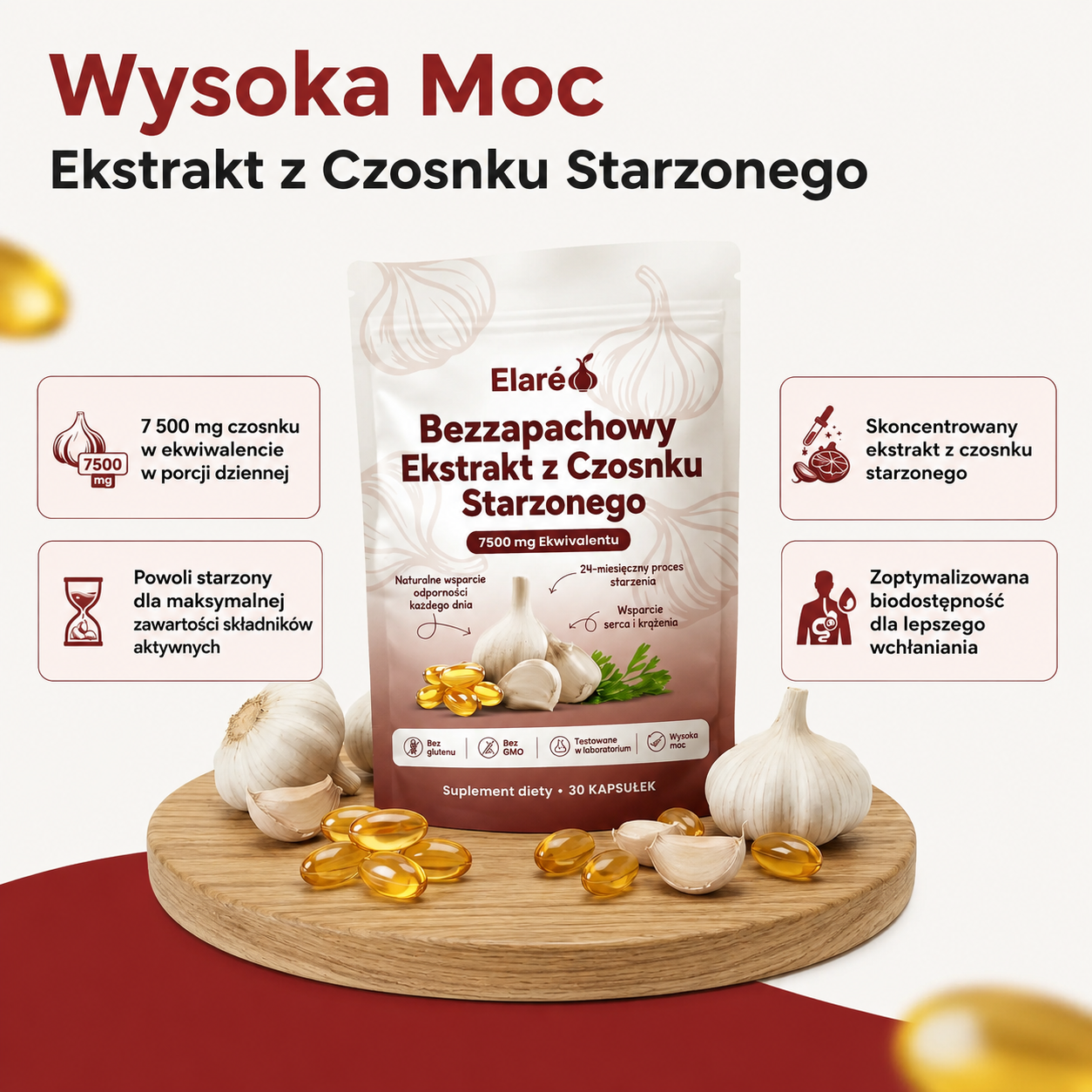 Elaré® Starzony Czosnek 7500mg – Bezzapachowe Kapsułki na Serce i Ciśnienie