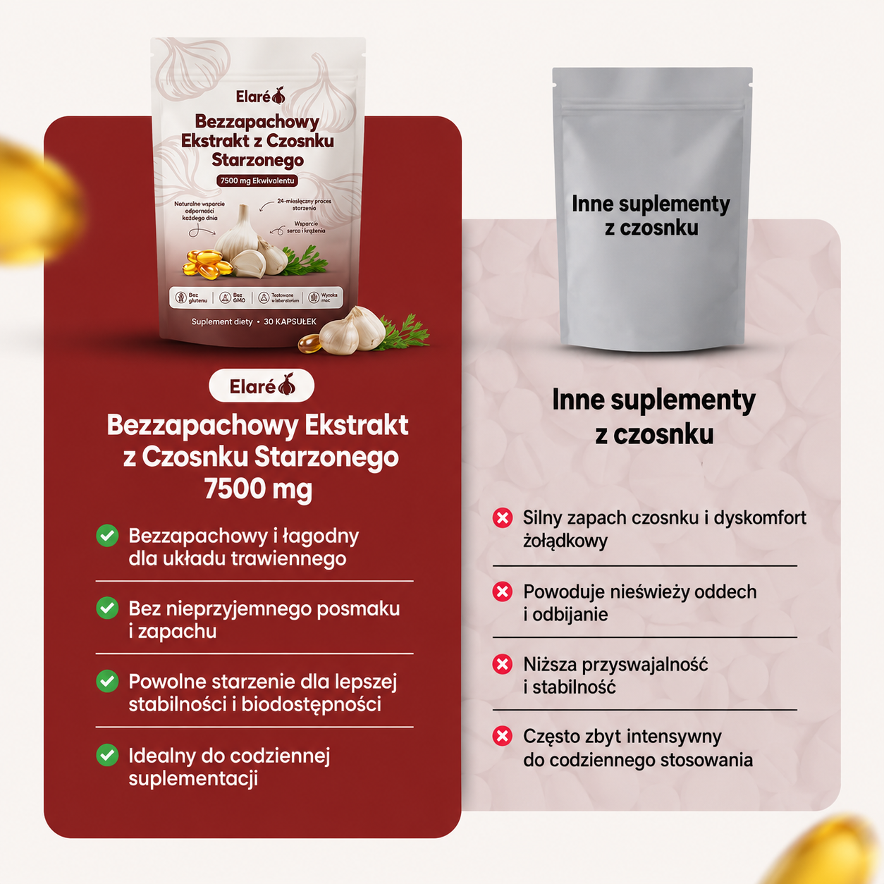 Elaré® Starzony Czosnek 7500mg – Bezzapachowe Kapsułki na Serce i Ciśnienie