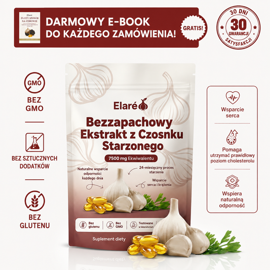 Elaré® Starzony Czosnek 7500mg – Bezzapachowe Kapsułki na Serce i Ciśnienie
