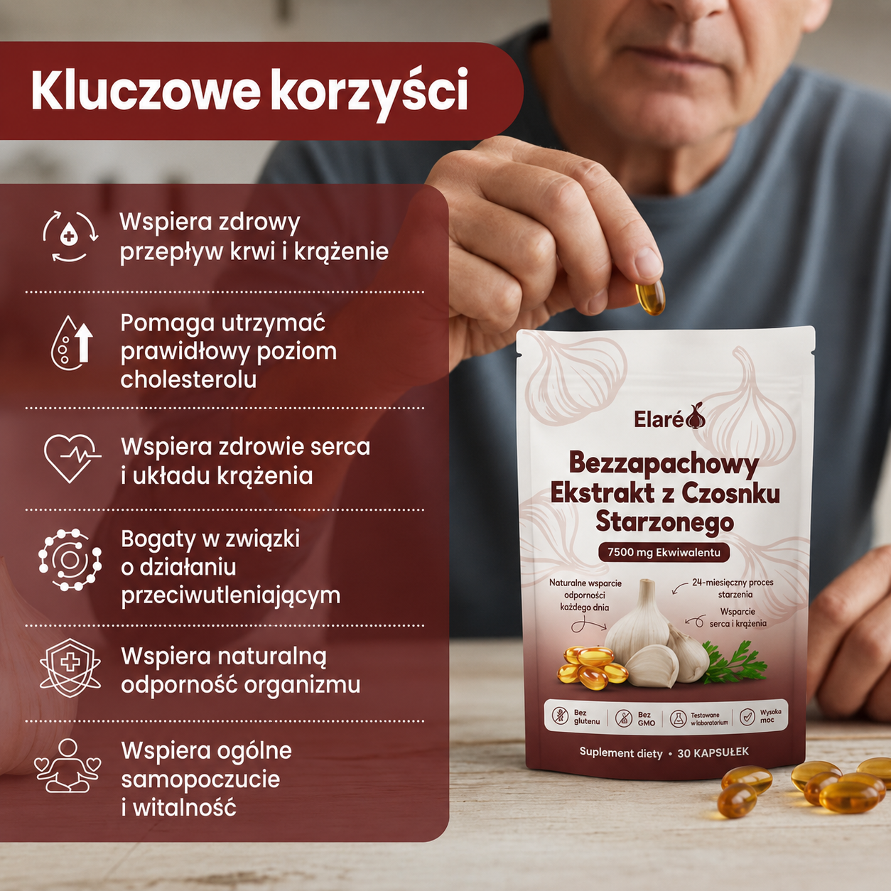 Elaré® Starzony Czosnek 7500mg – Bezzapachowe Kapsułki na Serce i Ciśnienie