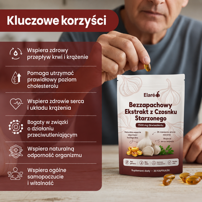 Elaré® Starzony Czosnek 7500mg – Bezzapachowe Kapsułki na Serce i Ciśnienie