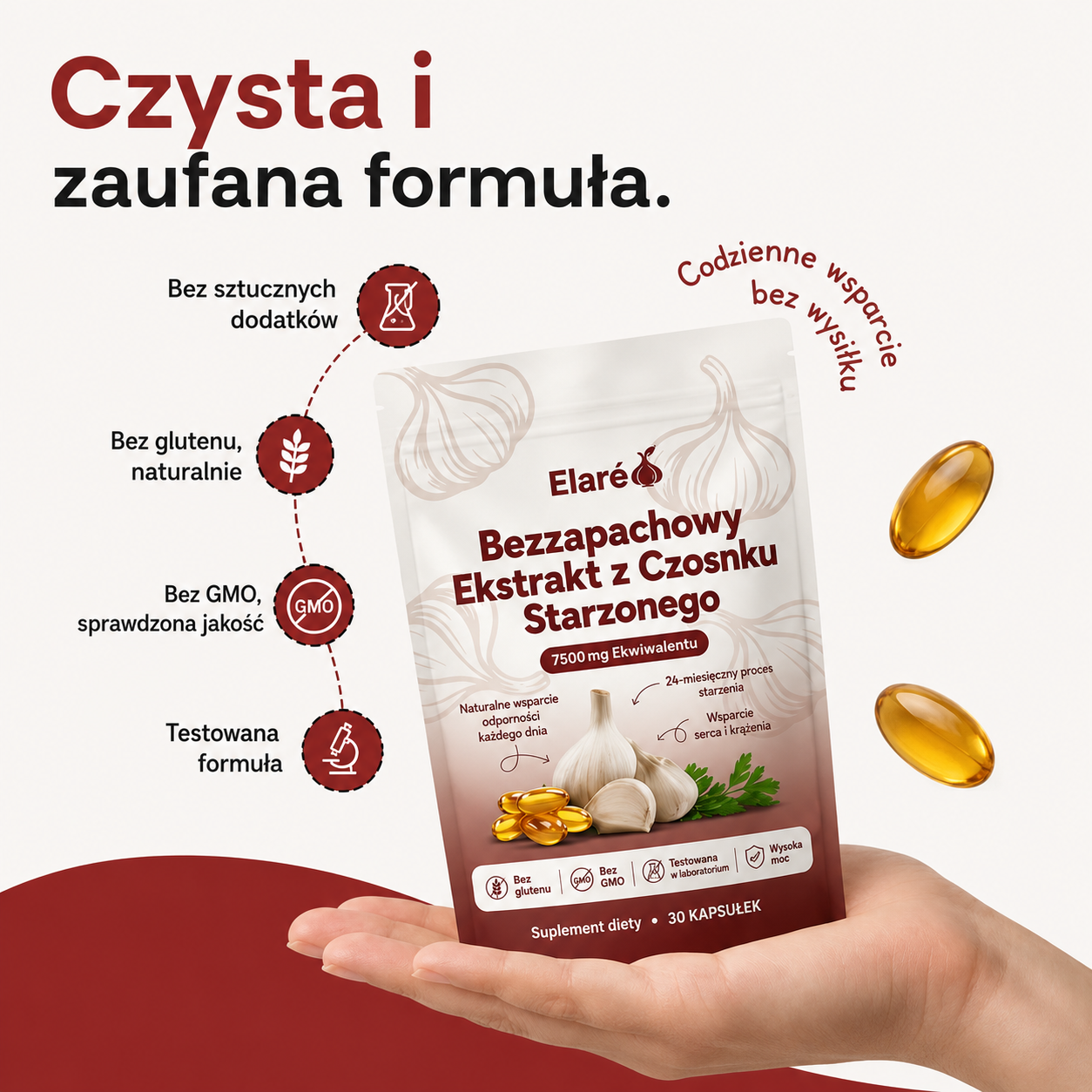 Elaré® Starzony Czosnek 7500mg – Bezzapachowe Kapsułki na Serce i Ciśnienie