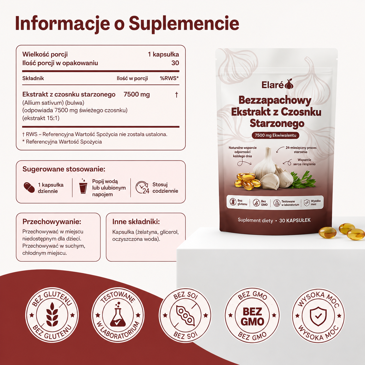 Elaré® Starzony Czosnek 7500mg – Bezzapachowe Kapsułki na Serce i Ciśnienie